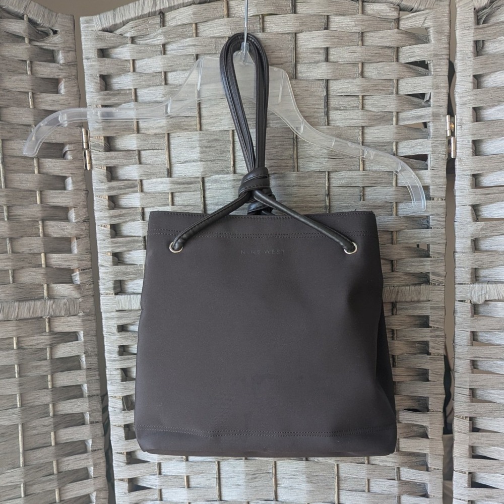 Nine West Wristlet Bag Brown Knotted Handle Nylon Handbag Sz S Minimalist Chic